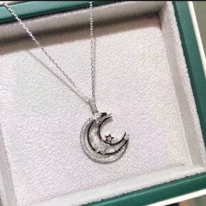 🌛Silver Sparkly CZ Diamond Half Moon charm  Necklace